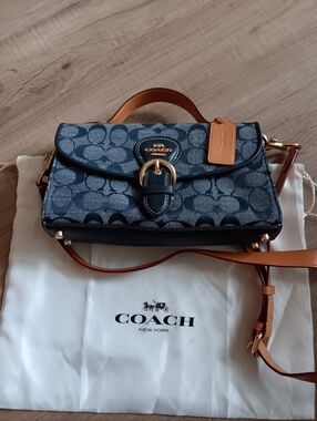 Coach Cleo Blue Signature Canvas Top Handle with Tan Trim W/ Dustbag